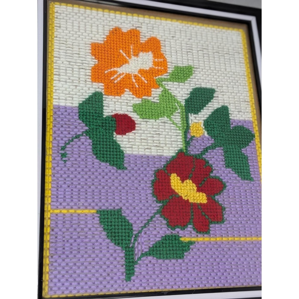 Vintage Framed Needlepoint Orange & Red Flowers Textile Art "16x13"